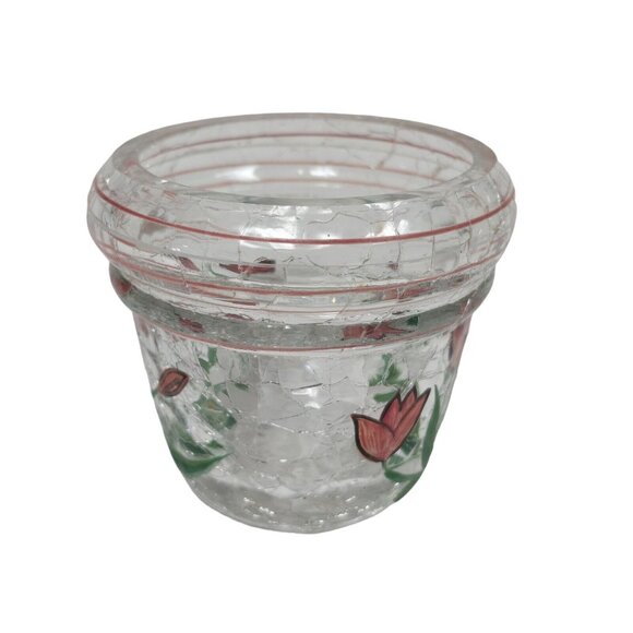 Vtg Fifth Avenue Crackled Crystal Glass Votive Candle Holder Pink Tulips - Picture 8 of 10